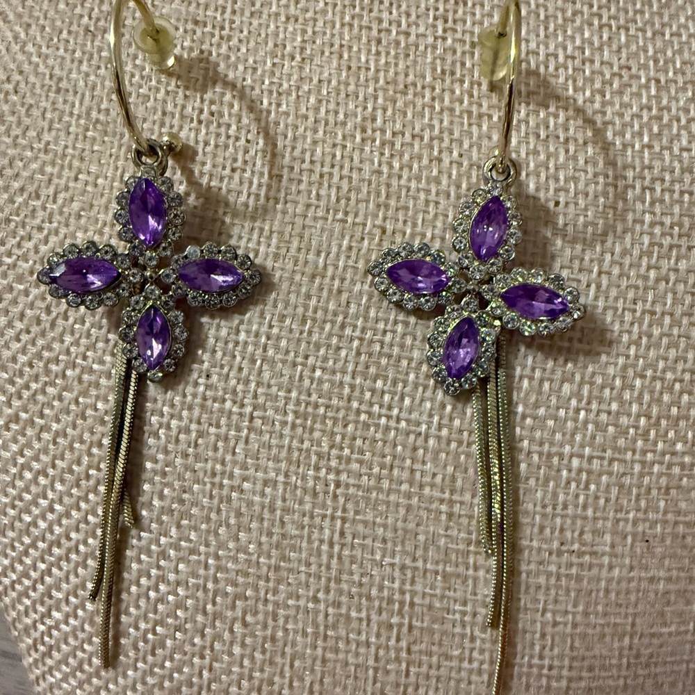 Purple Crystal Flower Tassel Earrings Gold Tone Rhinestone Dropโ Dangle 3.25"